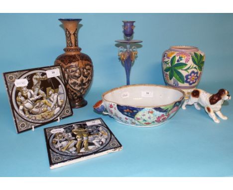 Two Minton, Hollins & Co tiles, Sir Phillip Sidney at Zutphen 1586, and Cromwell Dissolving The Long Parliament 1653, designe