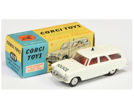 Corgi Toys 419 "police" Ford Zephyr Motorway Patrol car - white body, red interior, silver trim, small blue roof light, aeria