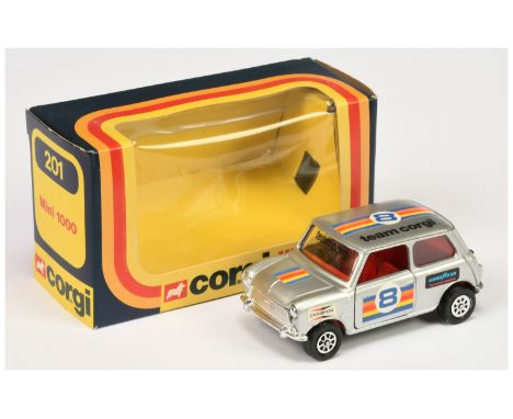 Corgi Toys 201 Mini 1000 "Team Corgi" - silver body, red interior, with racing No.8 stripes, chrome trim - Near Mint in a Exc