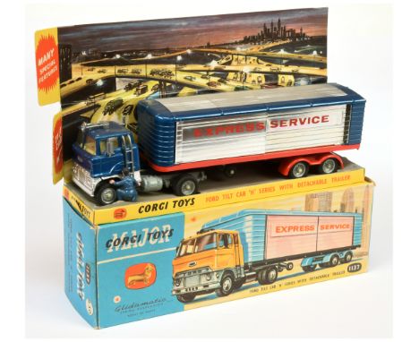 Corgi Toys Major 1137 Ford Articulated Truck and Trailer "Express Service" - blue cab, lemon interior, silver trim, bare meta