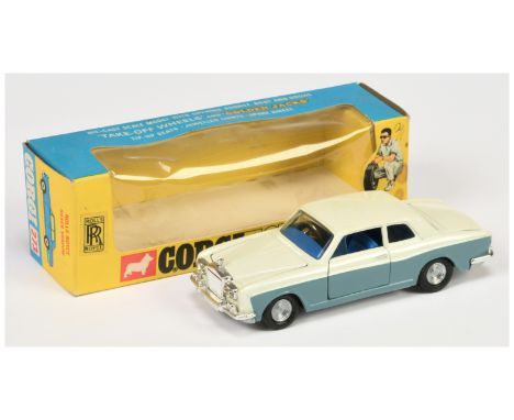 Corgi Toys 273 Rolls Royce Silver Shadow - two-tone pearl scent white over greyish-blue, deep blue interior, chrome trim and 