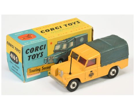 Corgi Toys&nbsp; 416S Land Rover "TS Touring Secours" - yellow body, greyish-blue plastic canopy red interior without header,