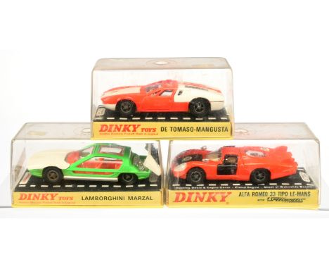 Dinky Toys Group To Include (1) 187 DE Tomaso Mangusta - Fluorescent and white body, cast hubs, (2) 189 Lamborghini Marzal Fl