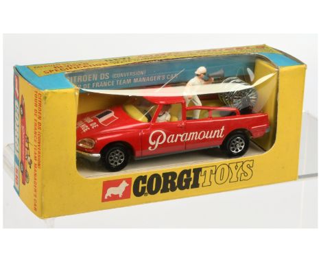 Corgi Toys 510 Citroen DS "Tour DE France Managers" Car - red body, grey base, yellow interior, aerial and Whizzwheels - Near