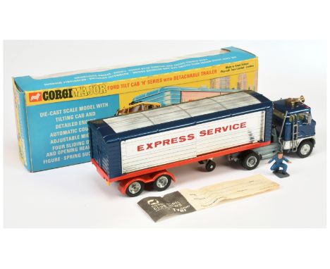 Corgi Toys Major 1137 Ford Articulated Truck and Trailer "Express Service" - blue cab, lemon interior, silver trim, bare meta