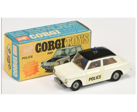 Corgi Toys 506 "Police" Sunbeam Imp Car - white body, black roof, brown interior with figure, silver trim, cast hubs and "Pol