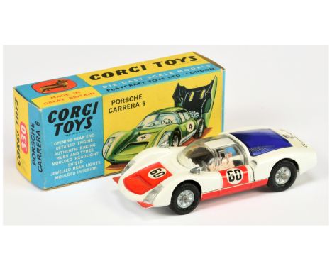 Corgi Toys 330 Porsche Carrera 6 Racing Car - white body, red doors and bonnet, blue engine cover, black interior with figure