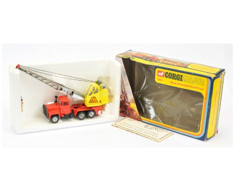 Corgi Toys Major 1154 Mack-Priestman Crane Truck - orange-red cab and back, black chassis, yellow "HI Grab" crane with chrome