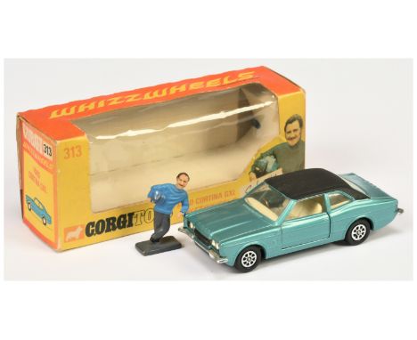 Corgi Toys 313 Ford Cortina "Graham Hill" - metallic aqua body, black roof and base, ivory interior and Whizzwheels - Near Mi