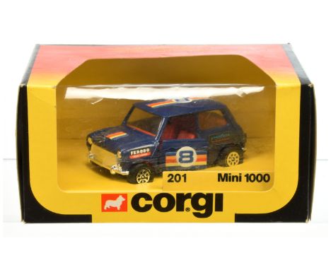 Corgi Toys 201 Mini 1000 "Team Corgi" - blue body, red interior, chrome trim and racing No.8 stripes - Mint in a Excellent or