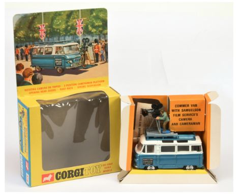 Corgi Toys 479 Commer Mobile Camera Van and spun hubs "Samuelson Film Service Ltd" - two-tone White over blue, RARE WHITE INT