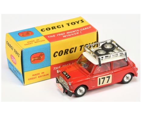 Corgi Toys 339 BMC Mini Cooper S "Rallye Monte-Carlo" - red body and interior, white roof with chrome rack and spare spun hub