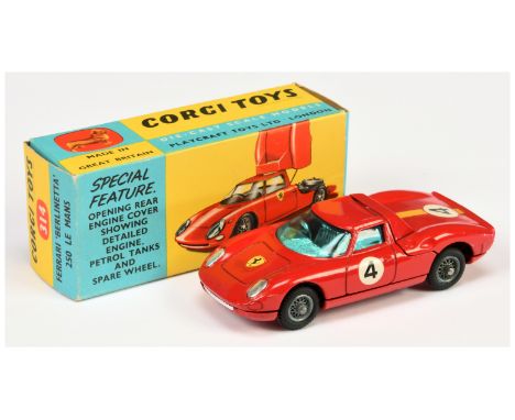 Corgi Toys 314 Ferrari Berlinetta 250 Le Mans - red body, blue windows, chrome interior and trim, wire wheels and racing No.4