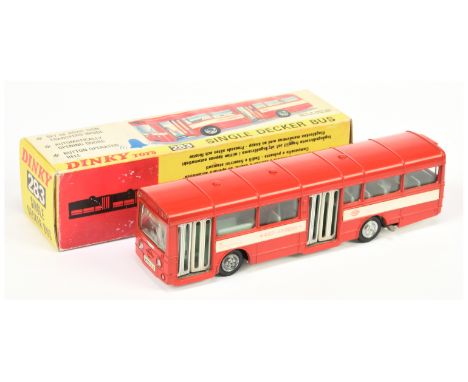 Dinky Toys 283 Single Decker Bus "Red Arrow" - red body, pale blue interior, white base, cast hubs and opening side doors - E