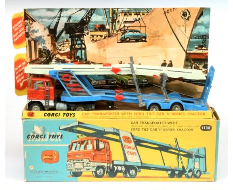 Corgi Toys 1138 Ford Car Transporter - orange and silver cab, lemon interior, grey base, cast hubs and trailer - blue, pale g