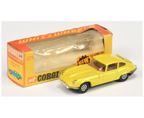 Corgi Toys 374 Jaguar E-Type - Pearlescent yellow body, brown interior, black base, chrome trim and Whizzwheels - Near Mint i