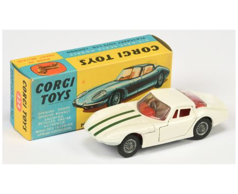 Corgi Toys 324 Marcos 1800GT - white body with dark green bonnet stripes, red interior with figure driver, grey base and wire