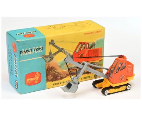 Corgi Toys Major 1128 Priestman Cub Shovel - orange body, yellow base, chrome rollers with black rubber tracks, grey jib and 