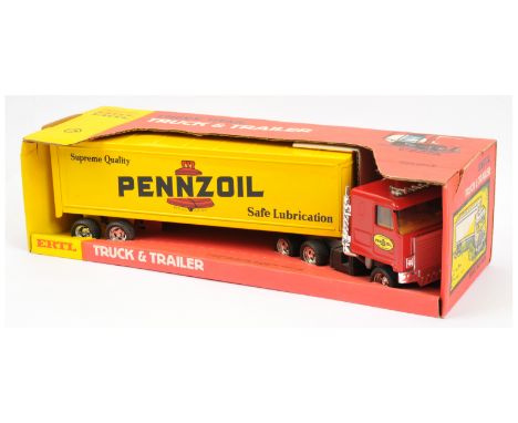 ERTL (USA) 3629 "Pennzoil" Chevy Titan Truck and Trailer - large scale tinplate and plastic issue finished in red cab with ye