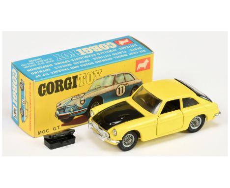 Corgi Toys 345 MGC GT - yellow body, black bonnet, rear hatch and interior, chrome trim, wire wheels and luggage case - Excel