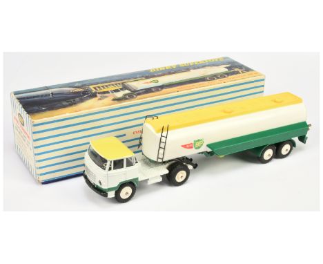 French Dinky Toys 887 "BP" Tractor and Tanker Trailer - white, green and yellow, plastic hubs and with hoses - Good Plus to E