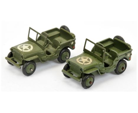 Dinky Toys Military 153 Jeep "US Army" a pair (1) green including rigid hubs with smooth tyres and (2) same but tread tyres -