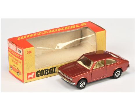 Corgi Toys 306 Morris Marina 1.8 litre - metallic red body, off white interior, black base, chrome trim and Whizzwheels - Exc