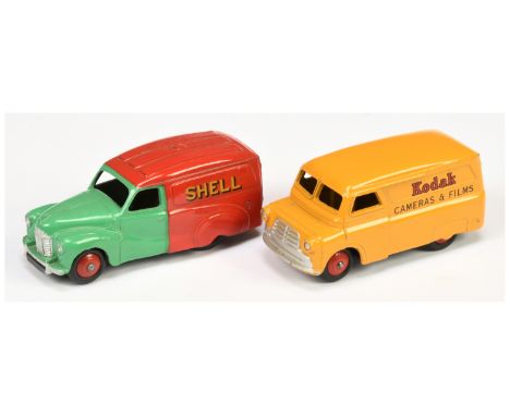 Dinky Toys 470 Austin "Shell/BP" Van - two-tone green and red, rigid hubs, silver trim and 480 Bedford Van "Kodak" - yellow b