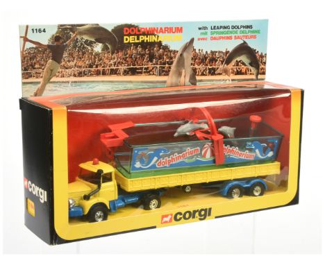 Corgi Toys 1164 Berliet Truck and Trailer "Dolphinarium" - yellow and blue, black interior with plastic back and figures - Ne