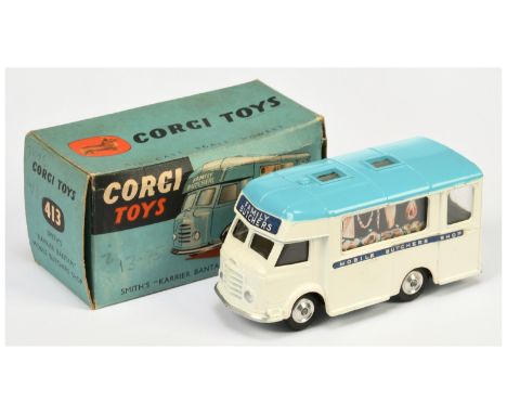 Corgi Toys 413 Smiths Karrier Bantam "Family Butchers" - white body with blue roof, silver trim and spun hubs - overall Excel