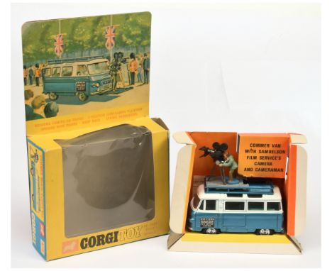 Corgi Toys 479 Commer Mobile Camera Van and spun hubs "Samuelson Film Service Ltd" - two-tone White over blue, silver trim, s