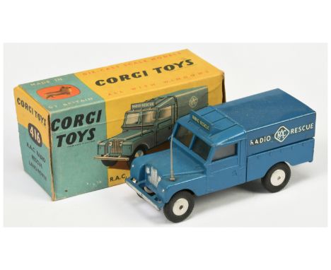 Corgi Toys 416 Land Rover "RAC Radio Rescue" - blue body and tinplate tilt, fixed header, aerial, silver trim, metal tow hook