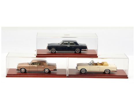 True Scale models Rolls Royce group of 3 to include (1) Silver shadow - light metallic brown, (2) Corniche - blue body and (3