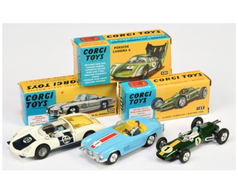 Corgi toys Group of 3 to include (1) 155 Lotus Climax Racing Car - green with racing No.1, (2) 303S Mercedes 300SL "Competiti