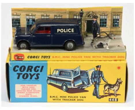 Corgi Toys 448 Austin Mini "Police" van - dark blue body, red interior, silver trim, aerial and cast hubs - Excellent in a Ex