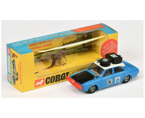 Corgi Toys 302 "London to Sydney Marathon Winner" Hillman Hunter - blue body, black bonnet, white roof, grey interior and bas