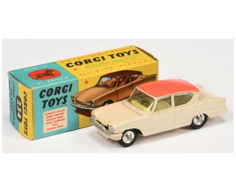 Corgi Toys 234 Ford Consul Classic - pale cream body with deep cream bonnet and base, pink roof, lemon interior, silver trim 