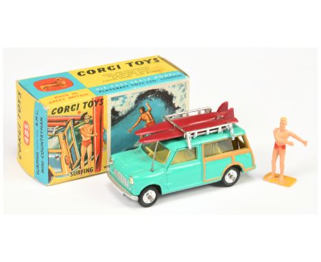 Corgi Toys 485 "Surfing" Austin Mini Countryman - turquoise body, yellow interior, chrome rack with 2 x surf boards, silver t