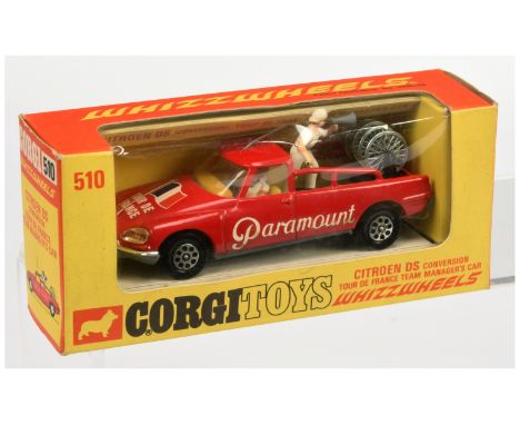 Corgi Toys 510 Citroen DS "Tour DE France Managers" Car - red body, grey base, yellow interior, aerial and Whizzwheels - Near