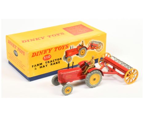 Dinky Toys 310 Farm Tractor Set - to include Massey Harris Tractor - red body, yellow metal wheels, light tan figure driver w