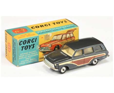 Corgi Toys 491 Ford Consul Cortina Super Estate Car - graphite grey body with wood effect side and rear panels, off white int