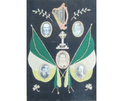 1916 Rising etc: An attractive needlework collage Picture decorated with embroidered harp, Celtic cross and crossed tri-colou