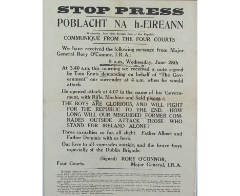 Excessively Rare Civil War Poster
Stop Press - Poblacht na hEireann

O'Connor (Rory) Communique from the Four Courts, "9 a.m.