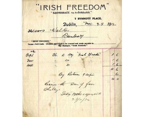 Signatory of the Irish Proclamation

Mac Diarmada (Sean) A printed receipt, on "Irish Freedom" (the newspaper) notepaper, wit