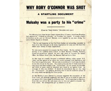 Handbill: O'Connor (Rory) Why Rory O'Connor was Shot / A Startling Document / Mulcahy was a party to his "crime". An A4 print