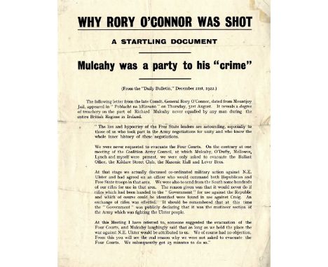 Handbill: O'Connor (Rory) Why Rory O'Connor was Shot / A Startling Document / Mulcahy was a party to his "crime". An A4 print