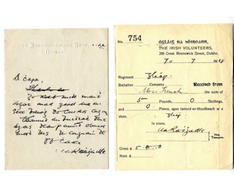 "The O'Rahilly"

O'Rahilly (Michael) A printed receipt from Oglaigh na h'Eireann, The Irish Volunteers, 7.7.1914, with manusc
