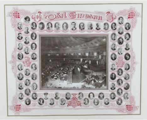 Dail Eireann 1919: A very large photograph print, "Dail Eireann, 1919" with cameo photo of all 69 deputies set in a red decor