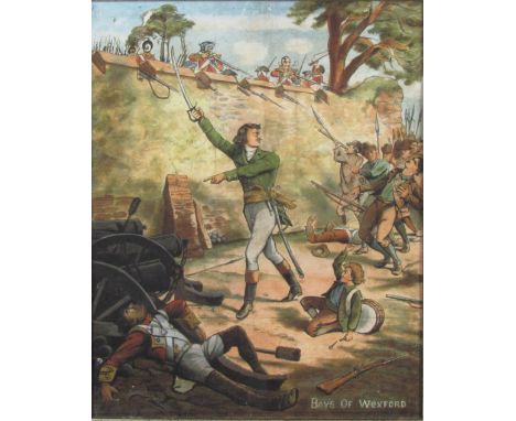 1798: A coloured Print (highlighted) depicting the Charge at Wexford Town in 1798 of the Rebels against the red coats, approx