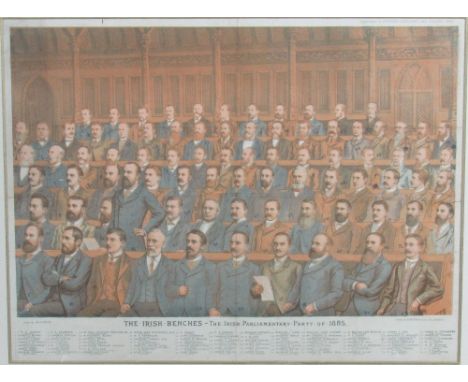 Irish Parliamentary Party: A very large coloured print, "The Irish Benches - The Irish Parliamentary of 1885, showing the 82 